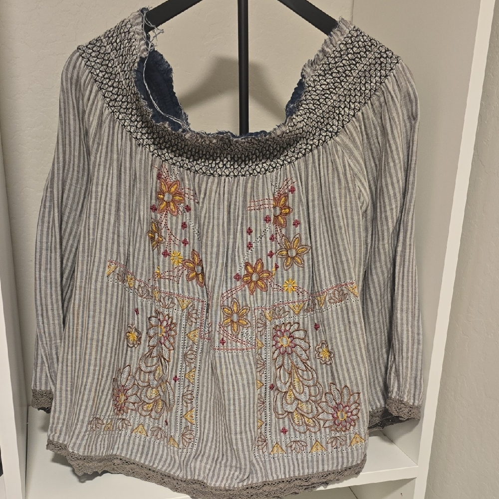 Chloe Oliver Embroidered Striped Off The Shoulder  Women's Top
